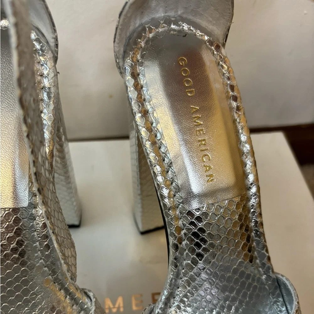 Good American Silver Snake Square Toe Platform Heels NEW